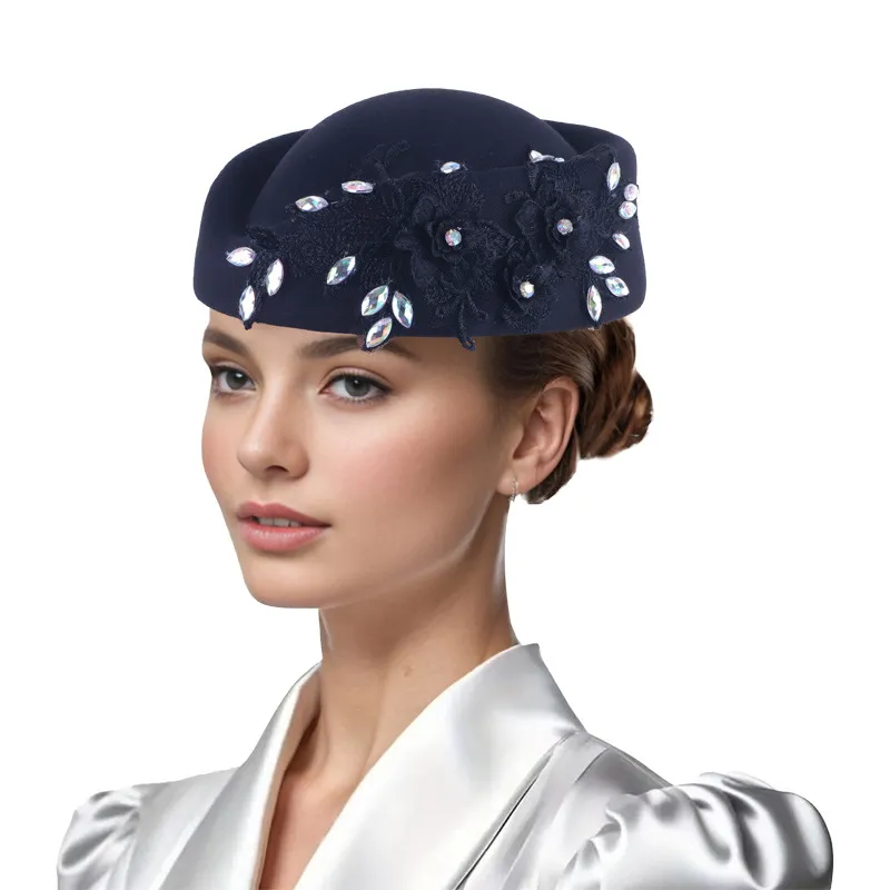 New retro British felt turban hat for women church derby headdress with flower dot diamond ladies soft beret_voghion.com
