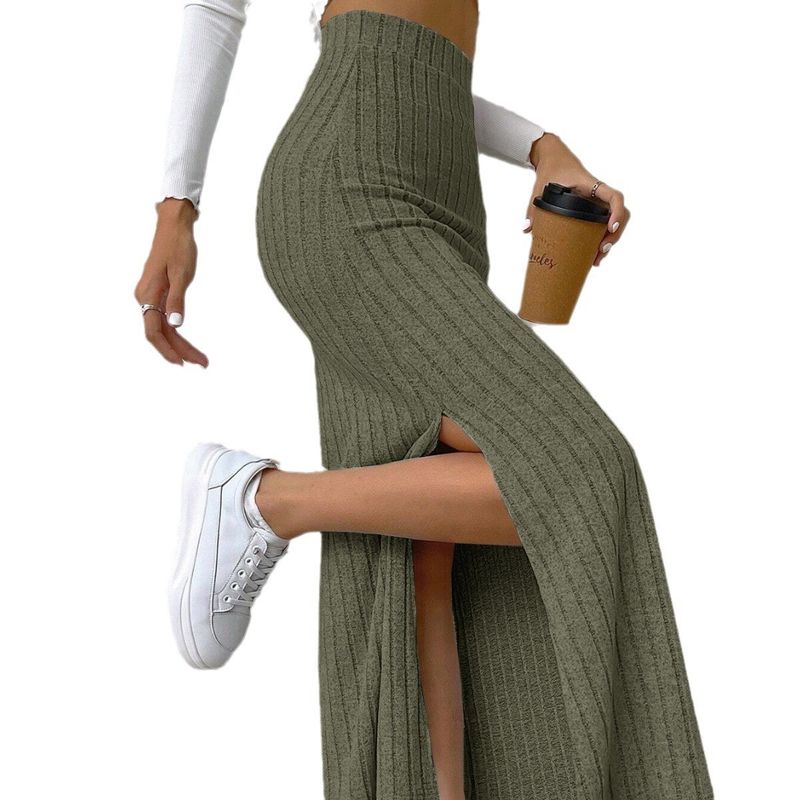 Jupe mi-longue moulante en tricot taille haute fendue sur le côté pour femme – Robe extensible pour le bureau et les loisirs, coupe princesse trapèze_voghion.com