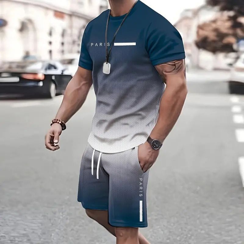 2026 Hot Sale Suit Fashion Short-sleeved T-shirt Pants Loose Men's 3D Digital Printing Gradual Change Of Color_voghion.com