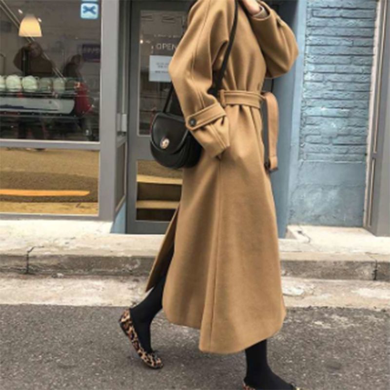 Naiste riided talve Korea stiilis keskmise pikkusega lahtine ja õhuke villane naiste sügismantel_voghion.com