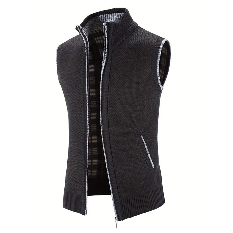Chaleco de punto grueso con forro polar, cuello vertical y corte ajustado para hombre. Talla grande. Suéter informal a la moda._voghion.com