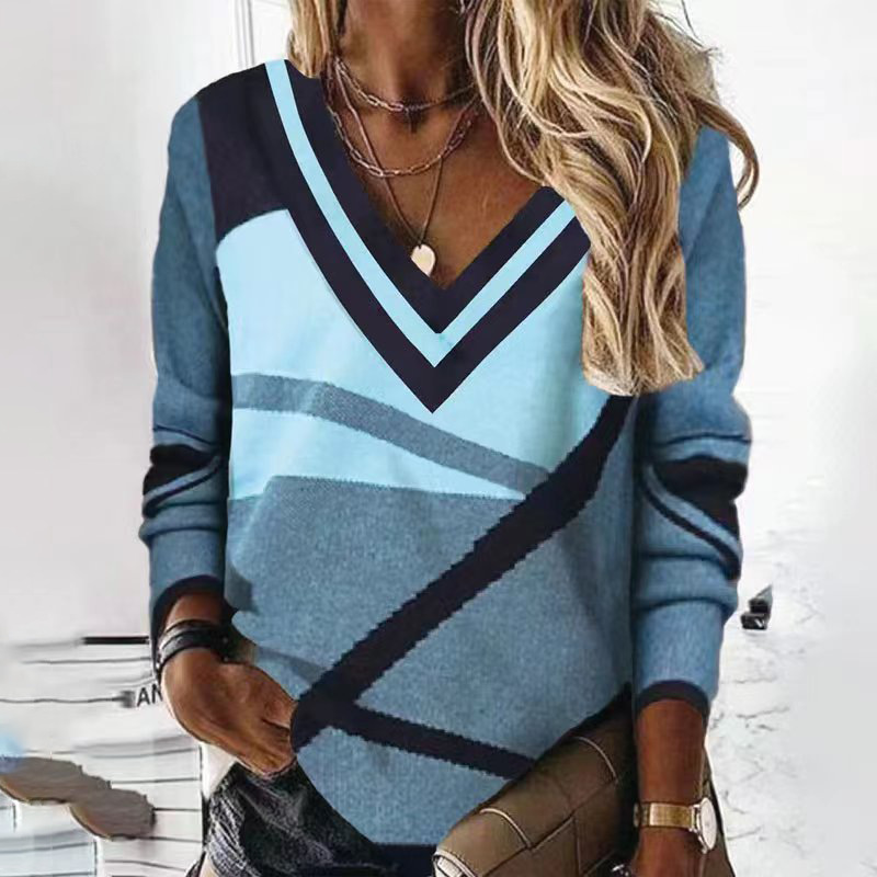 Damen-Pullover mit V-Ausschnitt, Kontrast, geometrischem Druck, Temperament, lockerer Langarmpullover_voghion.com