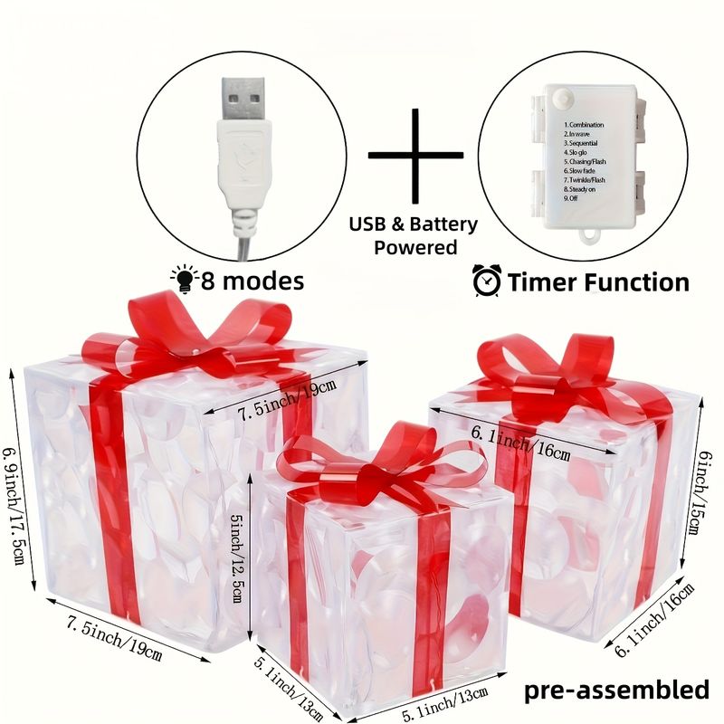 3 Parçalı Noel Işıklı Hediye Kutusu Seti, Şeffaf Işıklı Noel Kutusu Süslemeleri, Kırmızı Fiyonklu Hediye Kutuları_voghion.com