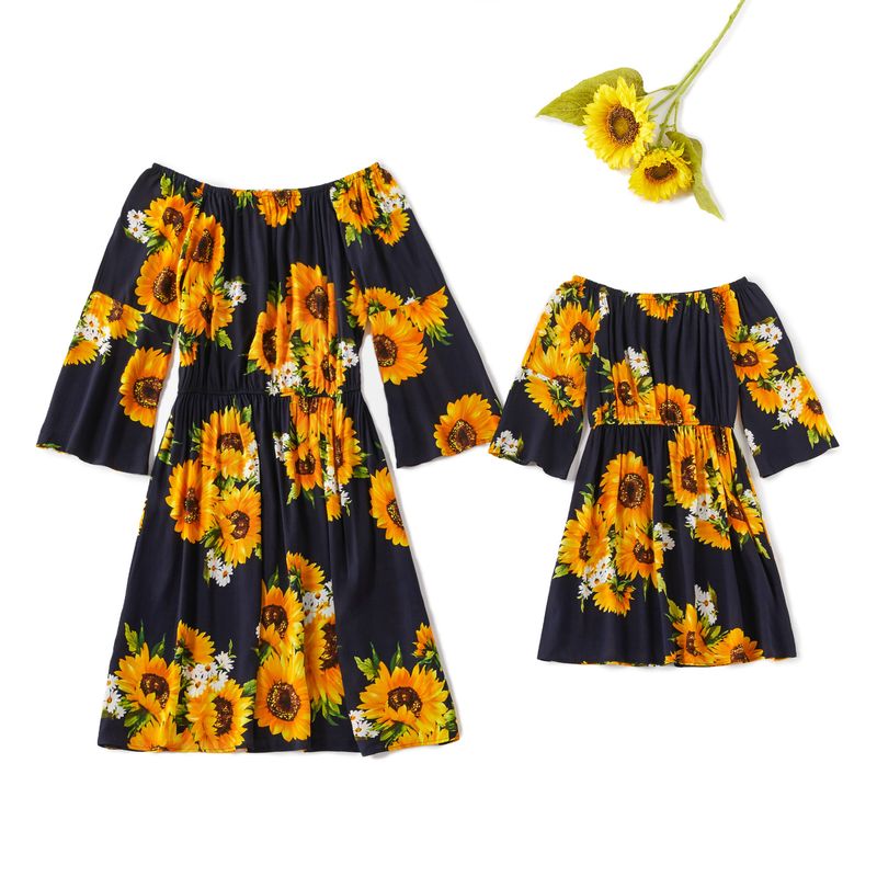 Mutter & Kinder eltern-kind-kleid sonnenblumen druck schwarzes eltern-kind-kleid_voghion.com