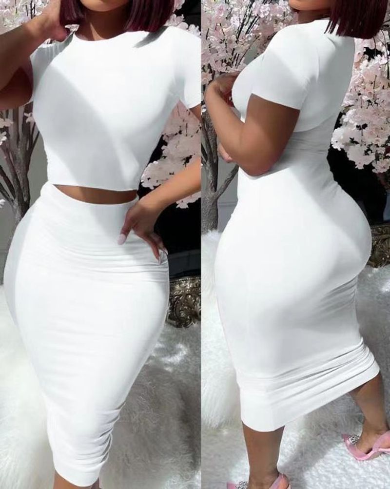 Women's Fashion Crew-neck Top Leaky Waist Suit Tight Mid-length Bag Hip Skirt_voghion.com