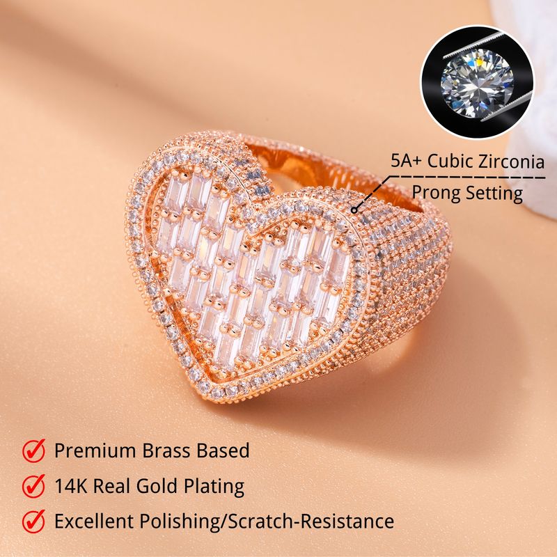 Top Icy Shiny Baguette Heart Anelli Gioielli Donna Iced Out Diamond Hip Hop Ottone placcato oro 5A CZ Anello di fidanzamento_voghion.com