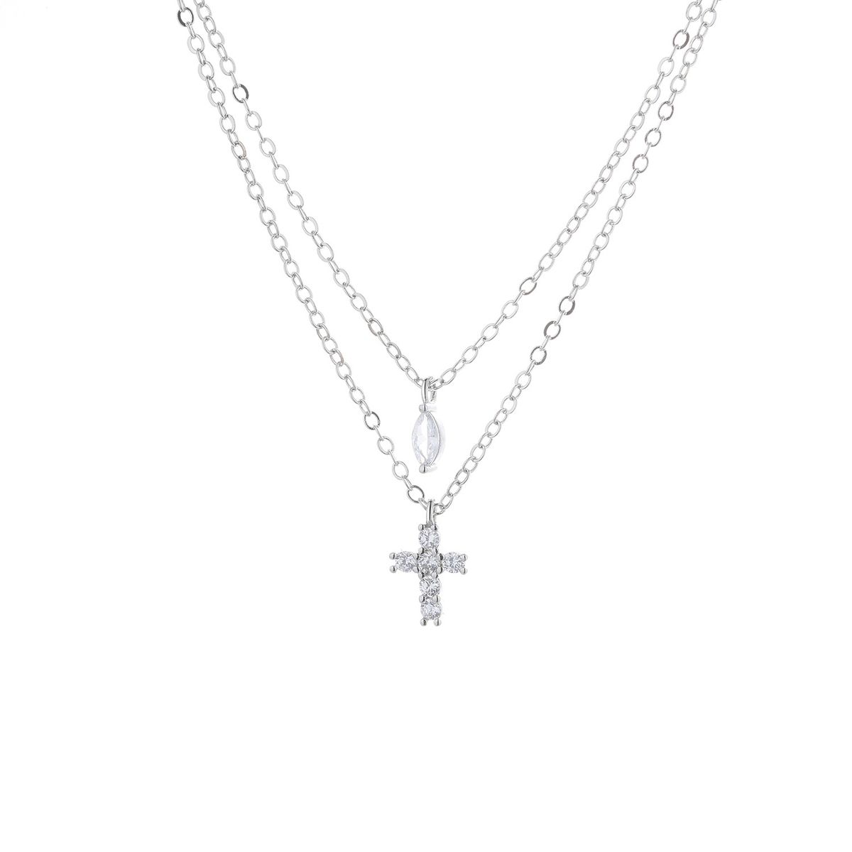 Gu Mao Ning – Exquisite, doppellagige Halskette mit gestapeltem Kreuzanhänger im Streetstyle-Stil mit Wassertropfen-Zirkonia (High-End)_voghion.com