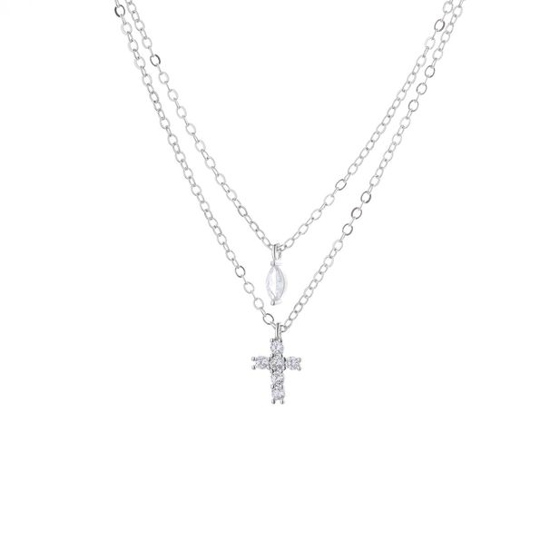 Gu Mao Ning – Exquisite, doppellagige Halskette mit gestapeltem Kreuzanhänger im Streetstyle-Stil mit Wassertropfen-Zirkonia (High-End)_voghion.com