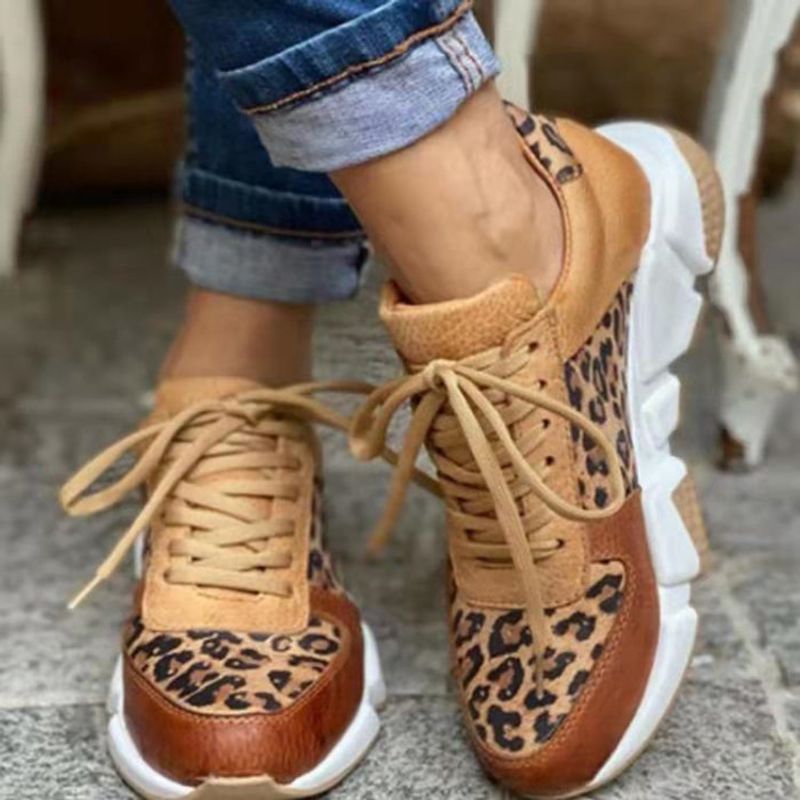 Foreign trade large size leopard print lace up women's shoes 2024 new thick soled round toe low top leopard print sports and casual shoes for women_voghion.com