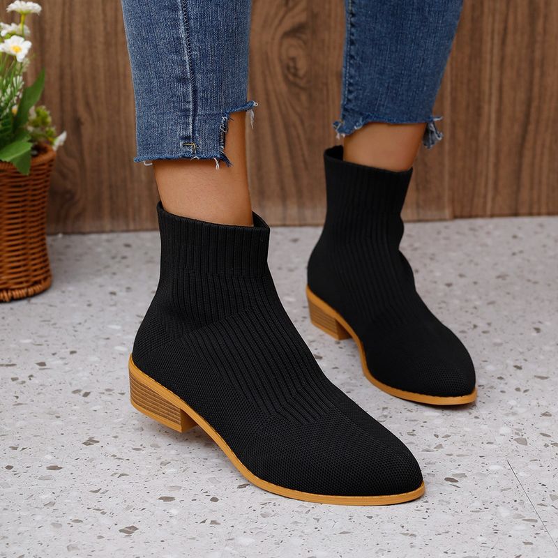 large size flying woven pointed short barrel Martin boots women's sleeve thick heel medium heel mesh socks boots wholesale_voghion.com