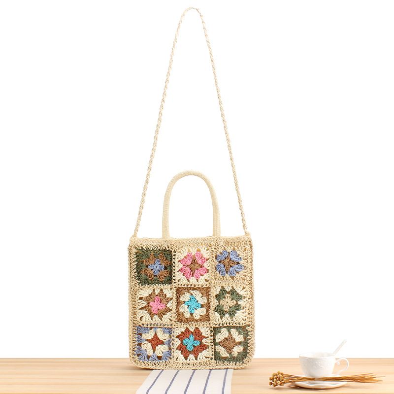 Borsa da spiaggia in stile pastorale con tracolla singola in paglia da donna_voghion.com