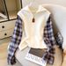 Women's Clothing Sweater Vest High Collar Layered Collar Knit Sweater Vest With Plaid Shirt Sleeves - High Neck Casual Pullover For Autumn Winter_voghion.com