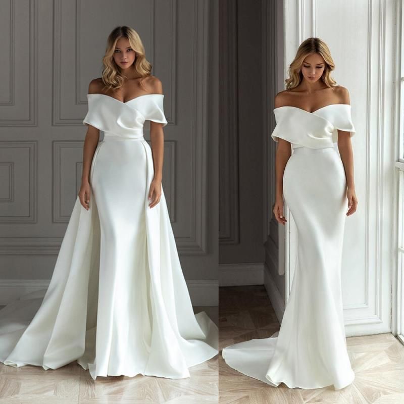 Women's light wedding dress satin long tail temperament simple and elegant Hepburn style one-shoulder wedding dress_voghion.com