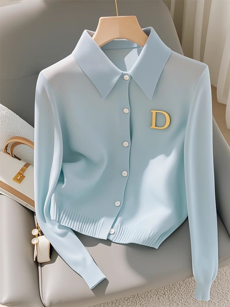 Dammekleedung Hierscht eenzegaarteg schéin Mëllechblau gestréckte Cardigan Fraen Baussebekleedung kleng Shirt stilvoll High-End laang Hülsen Top_voghion.com