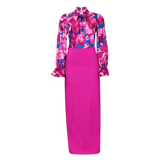 Damenbekleidung, neuer, modischer bedruckter Riemchenrock mit langen Ärmeln, langer Rock, zweiteiliger Satz_voghion.com