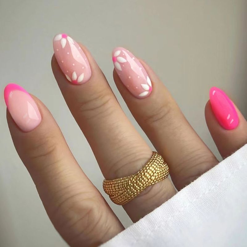 Unghii false simple Almond, 24 buc, alb strălucitor, stiletto francez, detașabile, ovale, acoperire completă, presare pe Na_voghion.com
