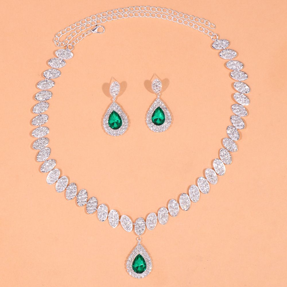 Luxury teardrop necklace earrings two-piece wedding jewelry fashion bridal jewelry set_voghion.com