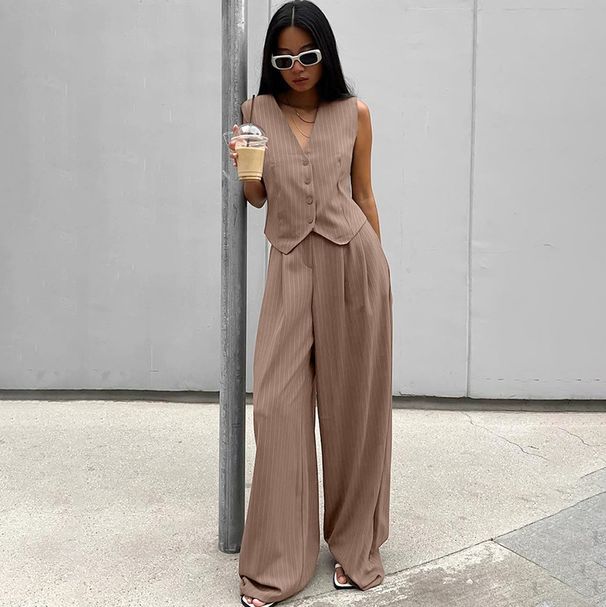 Dametøj Retro V-hals stribet jakkesæt Moderigtigt og kapabelt Ny stil_voghion.com