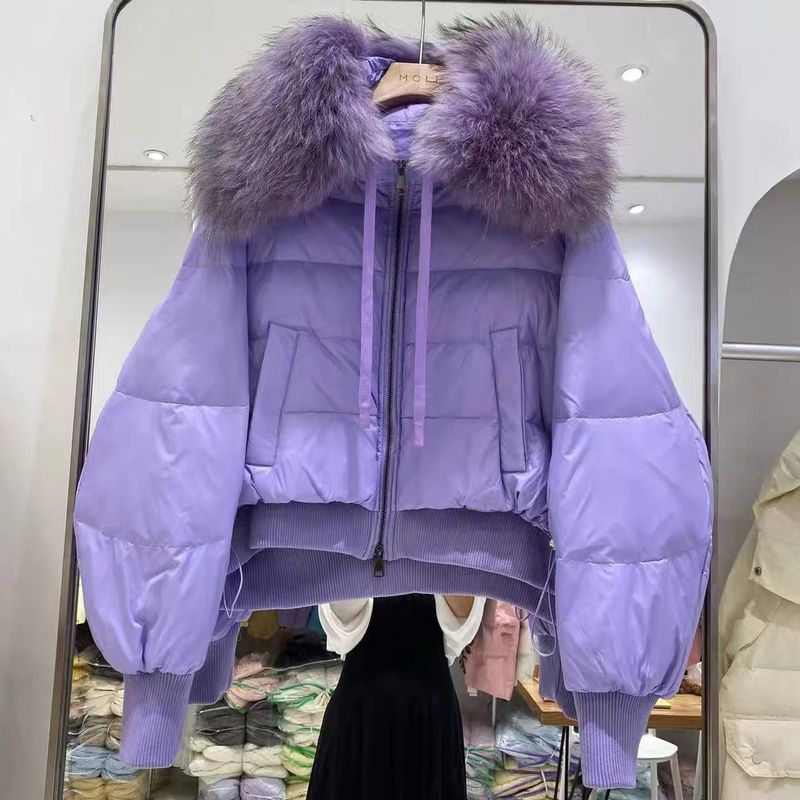 Women's Clothing winter new versatile large fur collar raccoon fur white duck down jacket _voghion.com