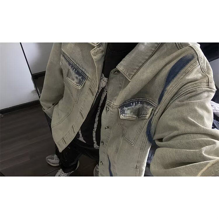 Giacca in denim lavato americano tinto in fango giallo per uomo nella moda primaverile e autunnale_voghion.com