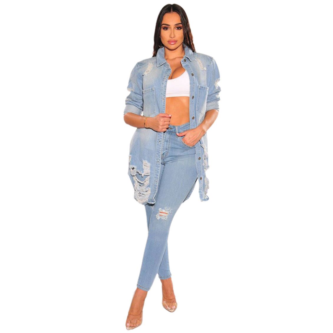 Giacca in denim strappato con petto elasticizzato sexy aderente da donna che copre i fianchi_voghion.com