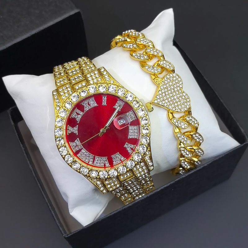 High-Quality Gold-Plated With Diamonds Gold Chain Cuban Bracelet Set, Calendar Quartz Watch For Women, Wristwatch_voghion.com