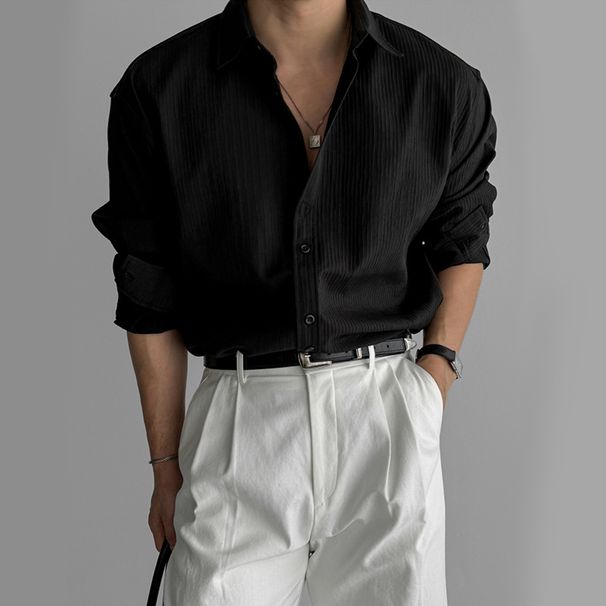 Camicia nera da uomo, camicia ampia primaverile a maniche lunghe da uomo, design di nicchia casual_voghion.com