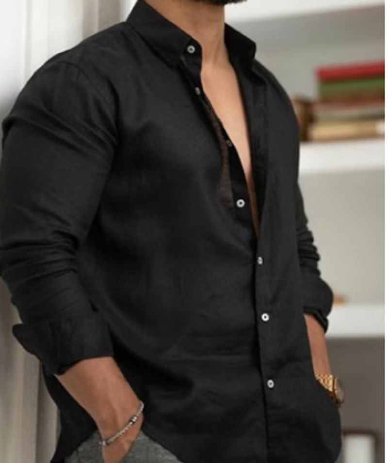 Herren Leinenhemd Button-Up Hemd Sommer Strand Hemd Einfarbig_voghion.com