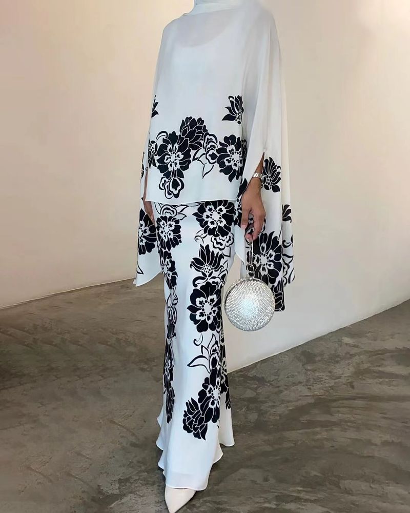 Set da due pezzi con camicia a pipistrello ampia con stampa floreale alla moda da donna_voghion.com