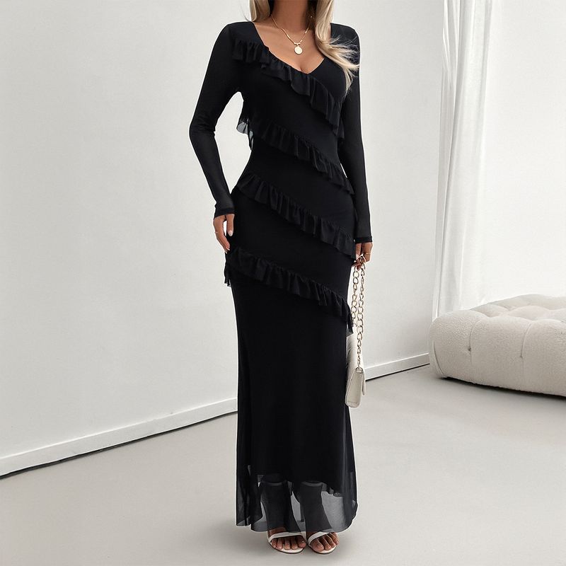 Diyun 2024 Herbst Winter Langarm Damen Elegant Slim Fit Mesh V-Ausschnitt Kleid_voghion.com