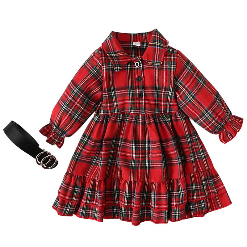 Children's European and American autumn and winter style girls' long-sleeved plaid dress + belt two-piece children's skirt set ins_voghion.com