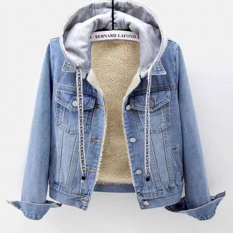 Dametøj Denimjakke til kvinder vinter ny stil plus fløjl fortykket løs koreansk stil hætte bomuldsjakke varme toppe til kvinder_voghion.com