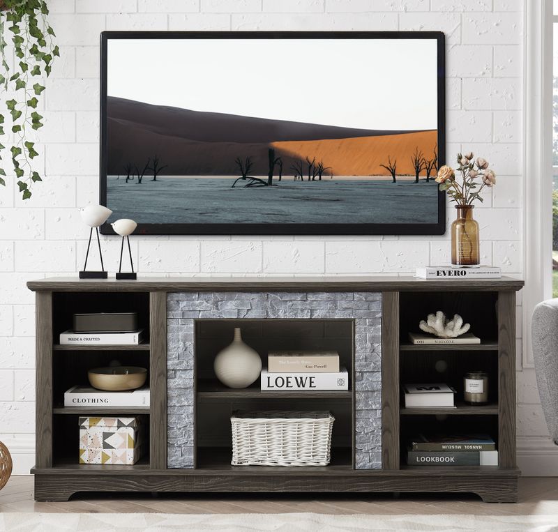 Mantel Stone TV Media Stand with with  Stacked Stone Surround, Modern Entertainment Console with Open Storage Space,Grey, 58.31"W*15.39"D*26.06"H_voghion.com