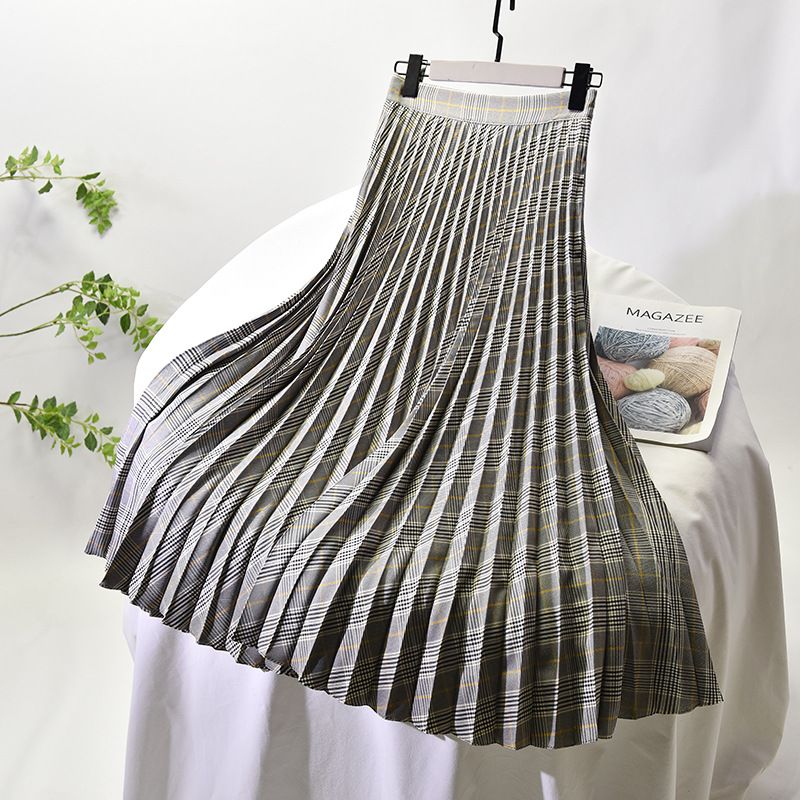 Women's Clothing Chic temperament slim plus size pleated skirt autumn and winter new high waist A line skirt women's medium and long_voghion.com