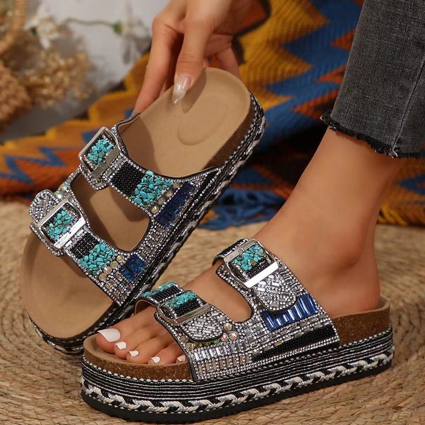 2025 New Fashionable Thick Bottom Rope Double Buckle With Water Diamond Cork Exterior Beach Slipper For Women_voghion.com