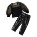 Mother Kids Girls Flocking Polka Dot Puff Sleeve Stitching Top Belt Leather Trousers Suit_voghion.com