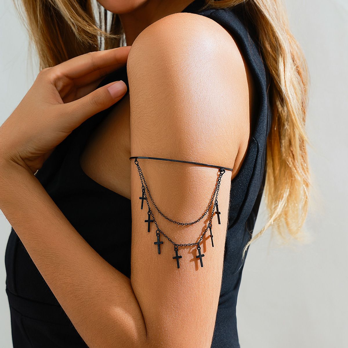 Sweet Gothic Cross Crystal Chain Multi-Layer Open Arm Bracelet_voghion.com