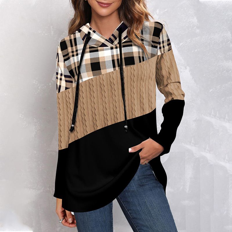 Women Plaid Print Hooded Sweatshirts Spring Autumn Hoodie Long Sleeve Pullover Tops Ladies Casual Drawstring Contrast_voghion.com