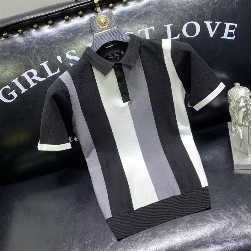 Herrenbekleidung kurzärmliger gestreifter Polopullover dünner atmungsaktiver Frühlings- und Sommer-T-Shirt mit halblangen Revers unten Hemd lässiger Trend_voghion.com