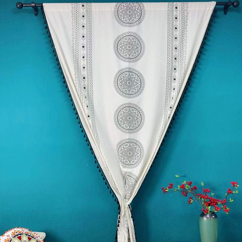 Bohemian Style Printed Linen Curtains - Semi-Sheer Window Drapes For Living Room, Bedroom & More (Sun Triangles/Black Circles/Multi Geo Patterns)_voghion.com