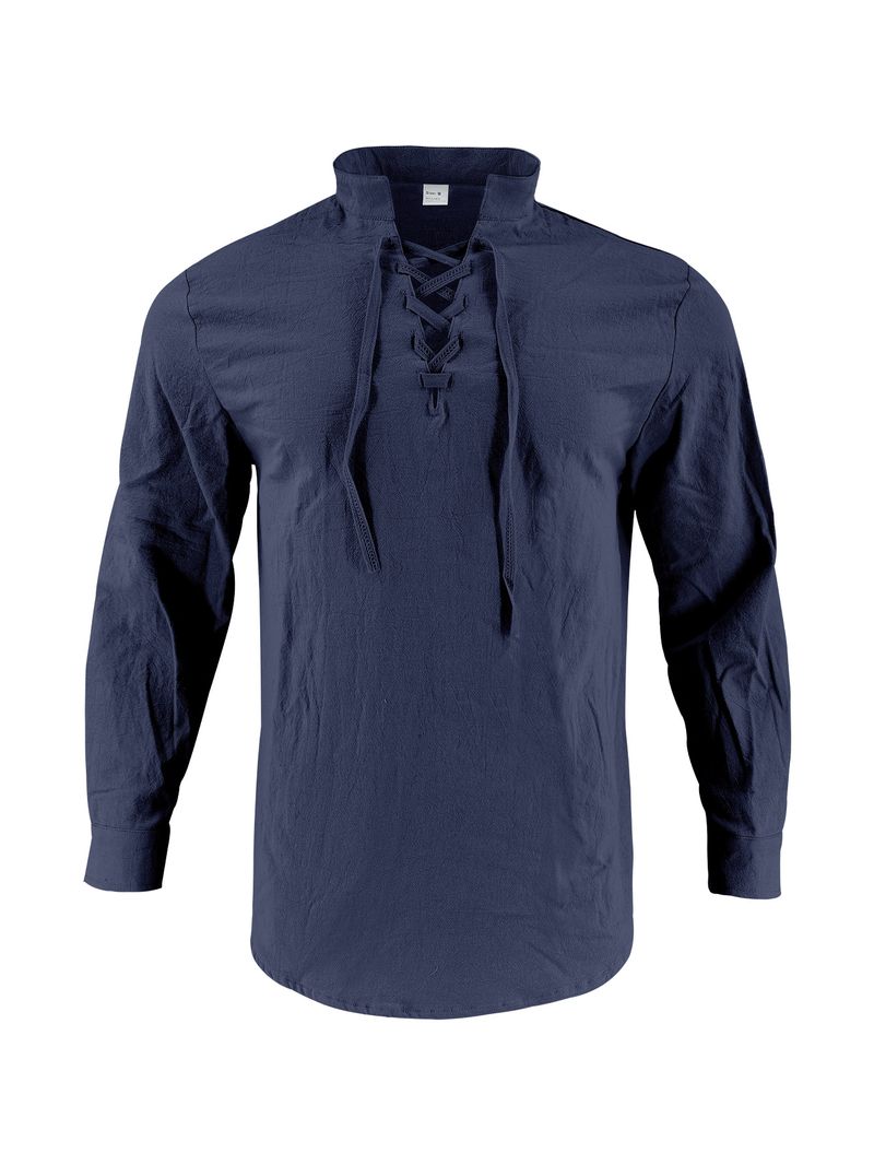 Camicia casual da uomo in cotone e lino tinta unita con maniche lunghe annodate in corda, versatile per l'outdoor_voghion.com
