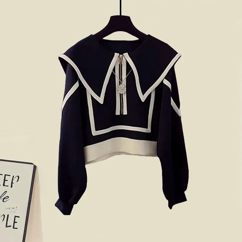 Damkläder Ny kort långärmad tröja Smal midja mångsidig kjol Tvådelad kostym_voghion.com