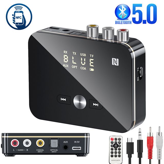 Bluetooth-modtager/sender 5.0 NFC stereo 3,5 mm AUX-stik RCA optisk trådløs lydadapter mikrofon IR-fjernbetjening til tv_voghion.com