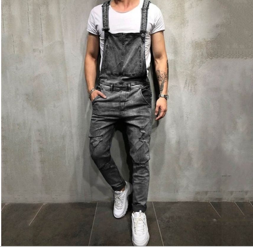 Herrenbekleidung Mode Herren Strappy Denim Strampler Zerrissene Jeans Hose Trendy Pop Arbeitskleidung_voghion.com