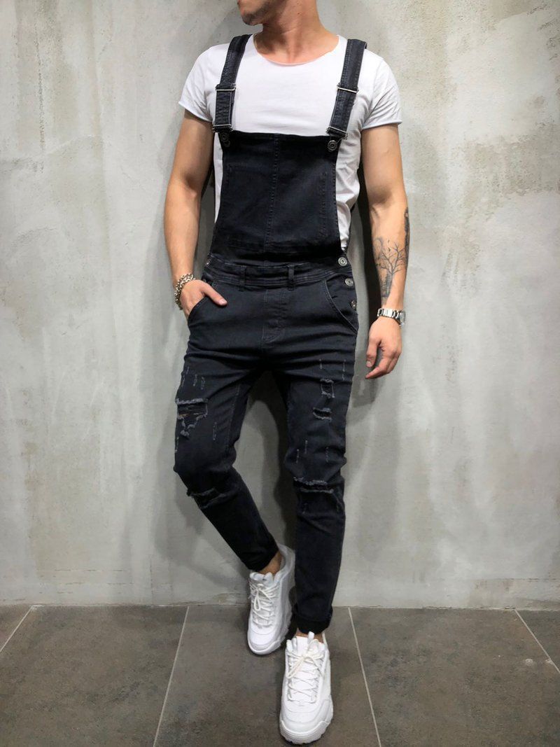 Fashionable Men's Suspenders Denim Jumpers Tear Jeans Pants Popular_voghion.com