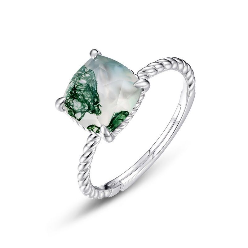 twisted Ring Wall Inlaid Water Grass Agate Ring S925 Silver Natural Green Moss Stone Open Ring Atmosphere_voghion.com