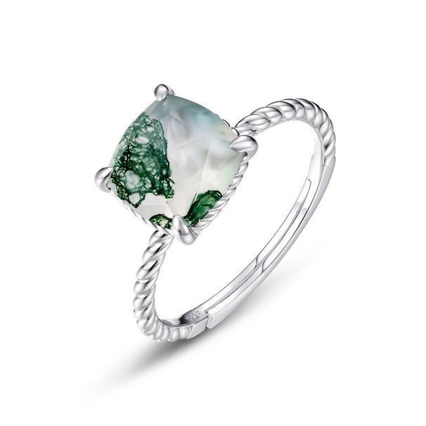 twisted Ring Wall Inlaid Water Grass Agate Ring S925 Silver Natural Green Moss Stone Open Ring Atmosphere_voghion.com