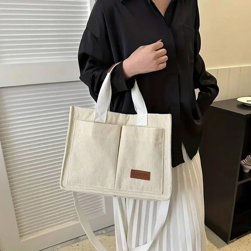 Borsa da donna in velluto a coste, decorazione con toppa con lettera a tracolla, borsa incrociata con tasche multiple_voghion.com