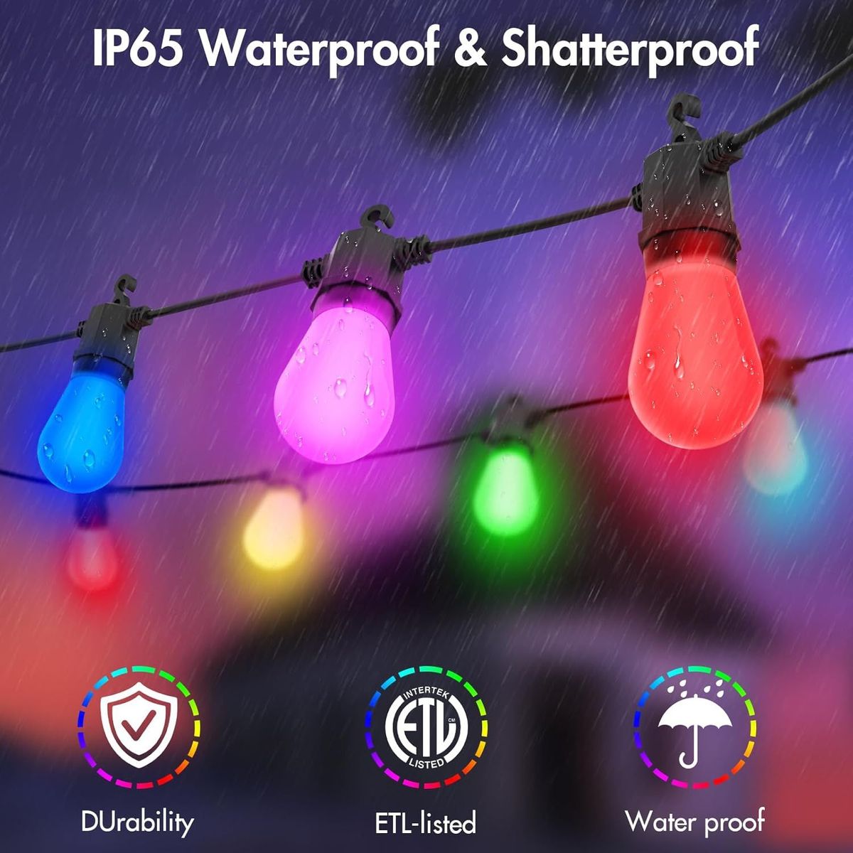 48FTColor Changing Outdoor String Lights , Dimmable String Lights For Outside Waterproof With 16 Shatterproof LED Bulbs, Remote Control Patio Lights For Christmas Halloween Decoration Party Backyard_voghion.com