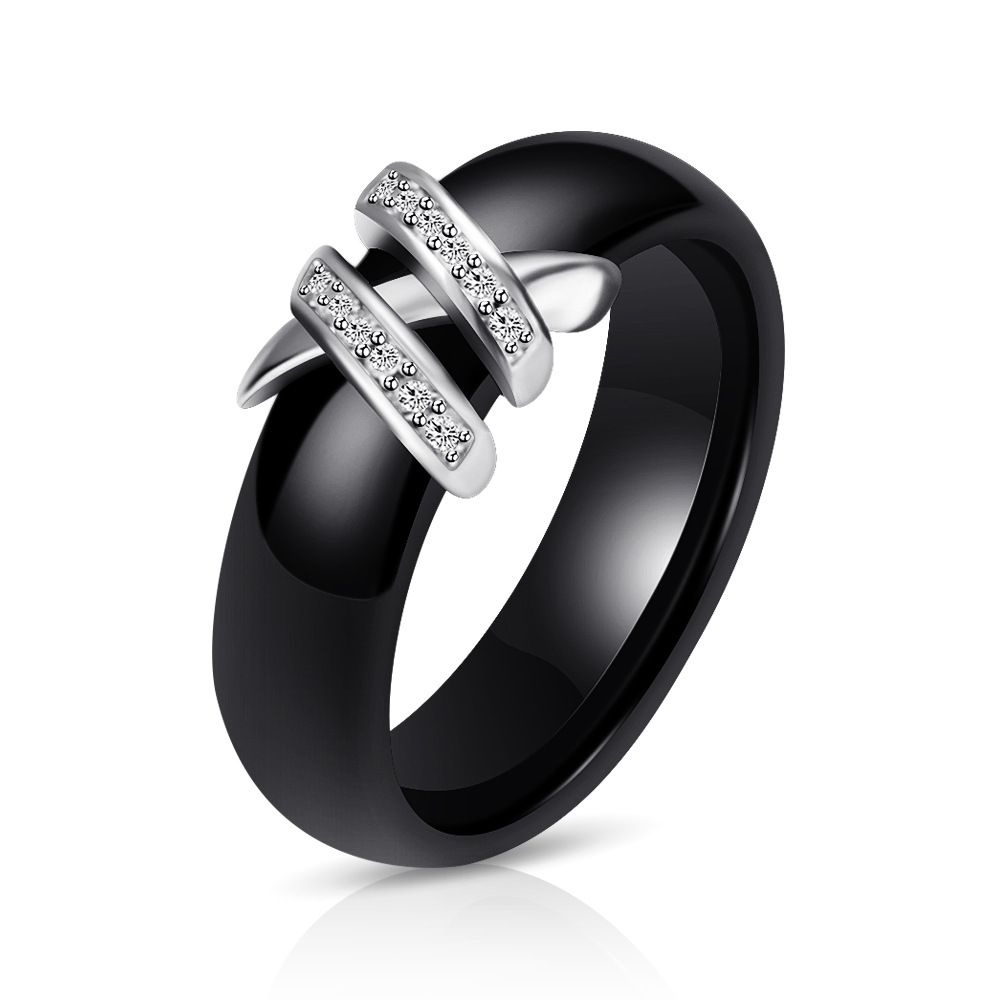 Anello in acciaio e ceramica con intarsio di diamanti Dual X in bianco e nero da 6 mm, per uomo e donna, stile minimalista unisex._voghion.com